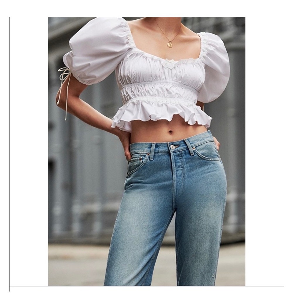 For Love & Lemons Puff Sleeve Crop Top S White Smocked Ruffle Coquette Cottage